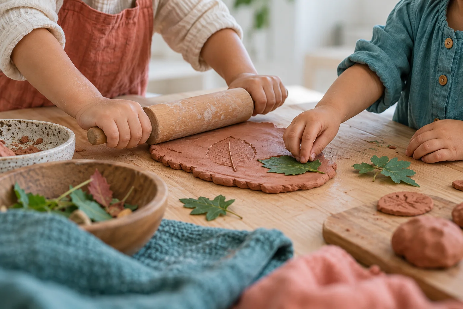 AI-generated close-up of children making leaf impressions in clay