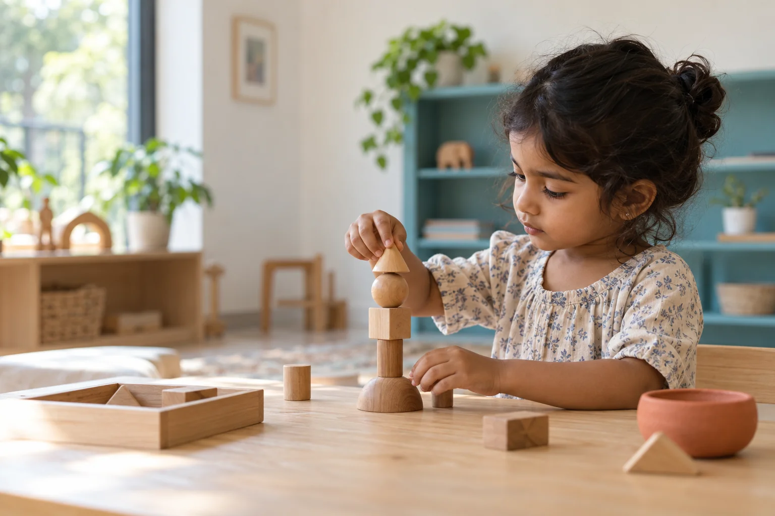 Illustrative AI-generated photograph of a young child exploring wooden shapes